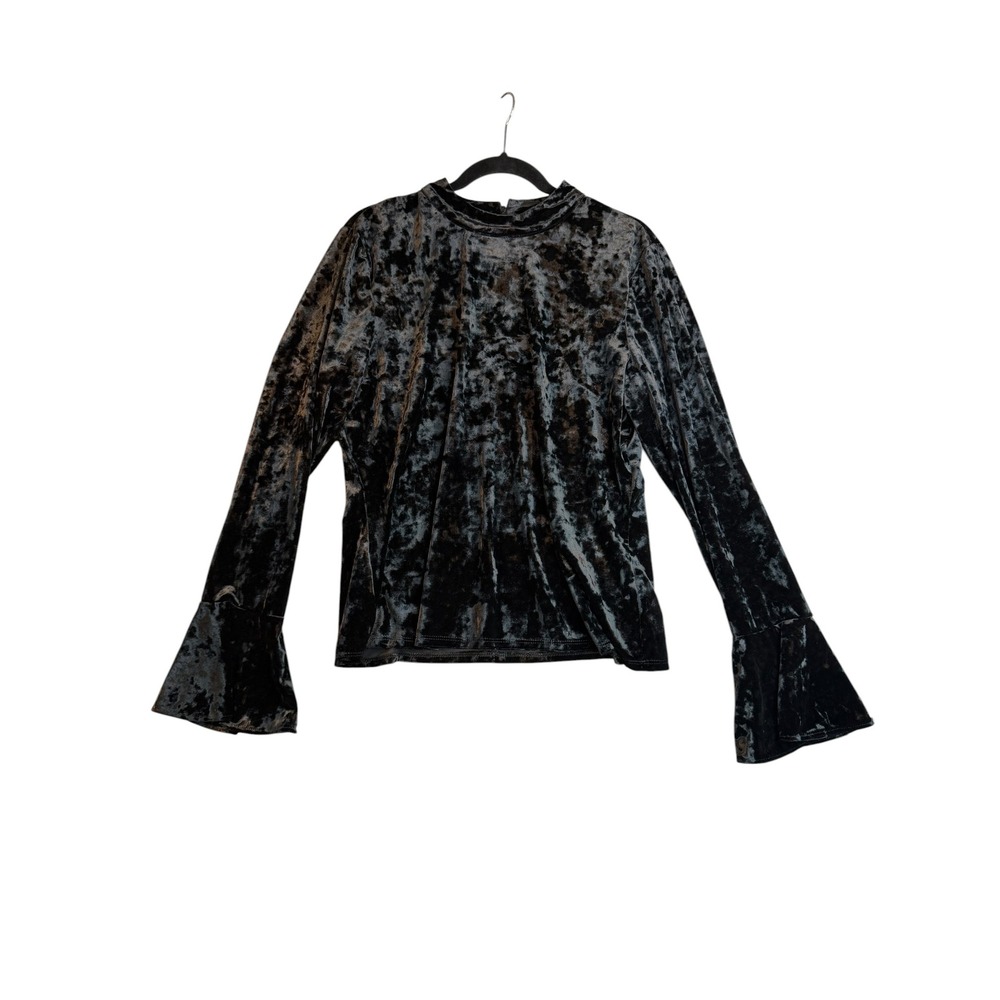 Parker Black Crushed Velvet Bell Sleeve Top Mock Neck Keyhole Back XL